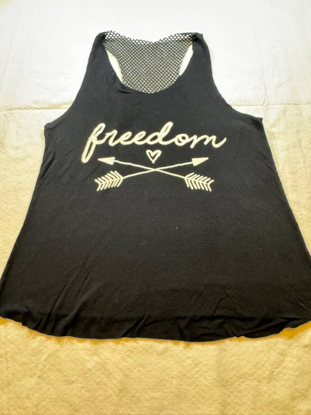 Women's Black Racerback Swing Tank Freedom Arrows Graphic Mesh Back Raw Cut